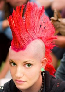 This is a fairly standard mohawk. The sides are completely shaved, and the hair is worn straight up.